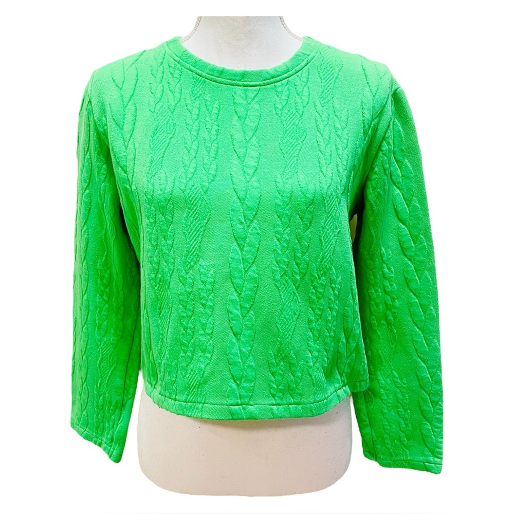 Zara Green Cable Knit Quilted Cropped Women's Sweatshirt Large